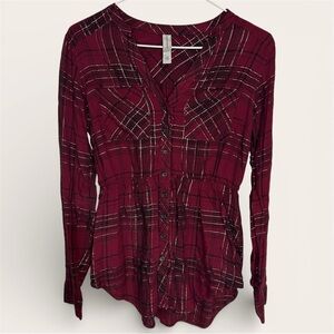 Warehouse One Burgundy & Metallic Plaid Long Sleeve Button Up Blouse - Size XS